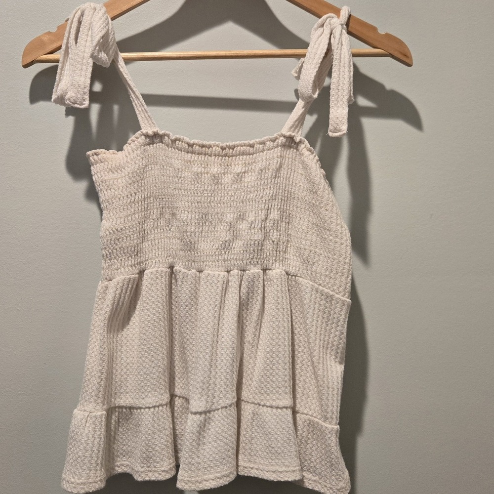 Altar'd State Tie Shoulder Tiered Ruffle Tank Top Size Small White Gauze Cropped